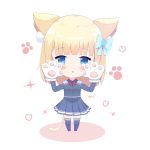  1girl :3 absurdres animal_ear_fluff animal_ears bangs blonde_hair blue_bow blue_eyes blue_jacket blue_legwear blue_skirt blunt_bangs blush bow cat_ears cat_girl cat_tail chibi colored_shadow commentary_request epaulettes eyebrows_visible_through_hair fang fur-trimmed_gloves fur_trim gloves hair_bow hands_up heart highres jacket liang_feng_qui_ye long_hair long_sleeves neck_ribbon parted_lips paw_gloves paws pleated_skirt purple_footwear red_ribbon ribbon rukiroki sasugano_roki shadow skirt smile solo sparkle standing tail thighhighs virtual_youtuber white_background white_gloves 