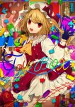  1girl :d absurdres ascot bangs black_gloves blonde_hair bow center_frills commentary_request cover cowboy_shot crystal daimaou_ruaeru eyebrows_visible_through_hair fang flandre_scarlet frilled_shirt_collar frills gloves hand_up hat hat_bow highres holding holding_pen lego light_particles long_hair long_sleeves looking_at_viewer mob_cap nail_polish one_side_up open_mouth pen petticoat puffy_sleeves puzzle_piece red_bow red_eyes red_nails red_skirt shirt single_glove skirt skirt_set smile solo standing stuffed_animal stuffed_toy teddy_bear thighs touhou toy_train white_headwear white_shirt wings yellow_neckwear 