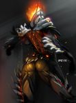  alternate_form biped butt ember_(warframe) english_text fire flaming_hair glowing hair hi_res machine not_furry pseudo_clothing psyk323 rear_view robot signature solo standing text video_games warframe 