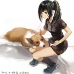  1girl bangs black_hair black_legwear bone breasts closed_mouth dated dog grey_eyes holding holding_bone lying on_lap on_stomach original paw_print shoes sidelocks signature small_breasts smile sneakers socks uraki_(tetsu420) 