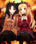  2girls :o autumn autumn_leaves bangs black_eyes black_hair black_ribbon black_skirt blonde_hair blue_skirt blush brown_coat brown_scarf coat commentary cup day disposable_cup duffel_coat ereshkigal_(fate/grand_order) fate/grand_order fate_(series) feet_out_of_frame hair_ribbon hands_in_pockets holding holding_cup ishtar_(fate/grand_order) long_hair long_sleeves looking_at_viewer miniskirt multiple_girls on_bench open_mouth outdoors parted_bangs parted_lips plaid plaid_scarf plaid_skirt pleated_skirt red_coat red_eyes red_ribbon ribbon scarf sitting skirt symbol_commentary tareme tiara very_long_hair yimu 