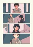  1boy 1girl bag black_eyes black_hair cellphone closed_mouth collarbone comic earphones eyebrows_visible_through_hair heart highres holding holding_cellphone holding_phone long_sleeves low_ponytail original pas_(paxiti) phone silent_comic smartphone transgender_flag 
