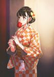  1girl bag bagged_fish bangs black_hair blurry blurry_background blush braid brown_eyes butterfly_hair_ornament candy_apple checkered checkered_kimono commentary_request cowboy_shot depth_of_field eating fish flower food french_braid hair_ornament highres holding japanese_clothes jun_(seojh1029) kimono long_sleeves looking_away obi orange_kimono original red_flower sash short_hair solo tareme wide_sleeves 