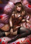  1girl ahri animal_ears babydoll bare_shoulders black_legwear black_panties blush breasts brown_babydoll brown_hair choker cleavage dated facial_mark flower fox_ears fox_tail highres kaze_no_gyouja lace lace-trimmed_legwear large_breasts league_of_legends long_hair looking_at_viewer multiple_tails open_mouth panties petals reclining red_flower see-through signature solo tail thighhighs underwear whisker_markings yellow_eyes 