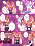  2019 alcohol ambiguous_gender anthro bar beverage blue_eyes bow breasts brown_fur canid canine clothed clothing comic dialogue digital_media_(artwork) eeveelution english_text female fur hi_res inside km-15 lagomorph long_ears lopunny mammal nintendo pok&eacute;mon pok&eacute;mon_(species) ribbons speech_bubble sylveon text video_games waiter 