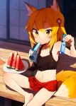  1girl animal_ears bangs bare_legs bare_shoulders barefoot black_tank_top blonde_hair bottle collarbone commentary_request day eyebrows_visible_through_hair food food_in_mouth fox_ears fox_girl fox_tail fruit hair_between_eyes hair_ornament highres kayari_buta looking_at_viewer multiple_girls navel original outdoors plate ramune red_skirt rimukoro senko_(sewayaki_kitsune_no_senko-san) sewayaki_kitsune_no_senko-san shirt short_hair shouji sitting skirt sliding_doors solo tail tank_top tied_shirt veranda watermelon yellow_eyes 