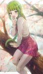  1girl braid branch cherry_blossoms commentary_request feet_out_of_frame flower green_hair grey_legwear halterneck highres kantai_collection long_hair pantyhose petals school_uniform shichikokaiyou shirt single_braid sitting solo tree very_long_hair white_shirt yuugumo_(kantai_collection) 