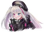  1girl :p bangs beret blue_eyes blunt_bangs blush eyebrows_visible_through_hair eyelashes girls_frontline grey_hair hat heterochromia jacket long_hair mdr_(girls_frontline) multicolored_hair nlitz pink_eyes pink_hair portrait side_ponytail simple_background solo tongue tongue_out white_background zipper 