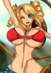  1girl armpits blonde_hair blue_eyes breasts denim denim_shorts fenrox large_breasts long_hair navel one_eye_closed original rope short_shorts shorts smile solo 