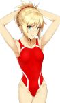  1girl :&gt; arms_behind_head arms_up bare_arms bare_shoulders bikini blonde_hair braid breasts collarbone commentary_request eyebrows_visible_through_hair fate/apocrypha fate_(series) green_eyes hair_between_eyes hair_ornament hair_scrunchie highres looking_at_viewer mordred_(fate)_(all) mordred_(swimsuit_rider)_(fate) oribe_(nopear) ponytail red_scrunchie red_swimsuit scrunchie simple_background small_breasts smile solo swimsuit white_background 