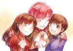  1boy 2girls altenna_(fire_emblem) brother_and_sister brown_hair cloak ethlin_(fire_emblem) european_clothes eyes_closed fire_emblem fire_emblem:_seisen_no_keifu hug leaf_(fire_emblem) mother_and_daughter mother_and_son multiple_girls nintendo siblings smile yukimiyuki 