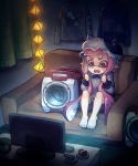  1girl barefoot bow bowtie couch fangs feet female hat highres inkling kiitos nintendo open_mouth pink_hair pointy_ears sitting sloshing_machine_(splatoon) solo splatoon splatoon_(series) splatoon_2 teeth tentacle_hair toes watching_television 