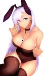  1girl alternate_costume animal_ears aqua_eyes azur_lane bangs belfast_(azur_lane) braid breasts brown_legwear bunny_ears bunny_girl card chains cleavage collar commentary_request fake_animal_ears french_braid hair_over_one_eye highres large_breasts leotard long_hair playing_card saisarisu silver_hair smile solo strapless strapless_leotard thighhighs white_background wrist_cuffs 