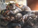  ahab amputee anthro beard belt body_hair bovid bovine bulge cape_buffalo chest_hair clothing detailed_background facial_hair fur hat hi_res lindong male mammal moobs musclegut muscular muscular_male mustache nipples one_eye_closed pecs pipe prosthetic_leg scar shorts tokyo_afterschool_summoners video_games 