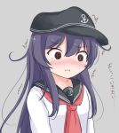  1girl akatsuki_(kantai_collection) bangs black_headwear black_sailor_collar blush brown_eyes closed_mouth embarrassed eyebrows_visible_through_hair female flat_chest grey_background hat have_to_pee ichininmae_no_lady japanese_text kantai_collection long_hair long_sleeves neckerchief nose_blush purple_hair red_neckwear sailor_collar school_uniform serafuku shiny shiny_hair shirou_(amato_shirou) shirt simple_background solo sweat tears translation_request trembling upper_body white_shirt 