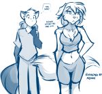  2019 anthro blush breasts canid canine canis chest_tuft cleavage clothed clothing crossgender dialogue domestic_dog duo embarrassed english_text evals female fox gender_transformation gloves_(marking) hand_on_hip hi_res keidran male mammal markings midriff mike_(twokinds) monochrome mtf_transformation navel ponytail post_transformation shorts simple_background sketch tailwag text thought_bubble tom_fischbach transformation tuft twokinds webcomic white_background 