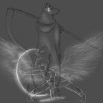  2019 absurd_res angel anthro arrow bow_(weapon) breasts canid canine canis clothed clothing digital_media_(artwork) doggo:3 duo feathered_wings feathers female fluffy fur glowing hair hi_res holding_object holding_weapon humanoid looking_at_viewer male male/female mammal meghan(angel!meghan) melee_weapon mike(reaper!mike) not_furry pointy_ears polearm ranged_weapon reaper_(disambiguation) scythe weapon wings wolf 