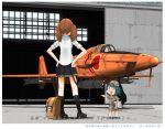  2girls aircraft airplane backpack bag brown_hair cap clipboard commentary_request door fairy fairy_(kantai_collection) green_eyes green_hair hand_up hands_on_hips hangar kantai_collection kitsuneno_denpachi multiple_girls open_mouth photo_(object) pleated_skirt ryuujou_(kantai_collection) shirt shoes skirt sleeves_rolled_up smile socks standing translation_request triangle_mouth twintails white_shirt window 