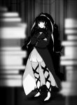  1girl ahoge azami_(kagerou_project) bangs black_footwear black_ribbon crossed_arms flats flower frown full_body greyscale long_hair long_legs long_sleeves looking_at_viewer messy_hair monochrome monochrome_background open_mouth ribbon rose scales scarf shoes skirt slippers white_ribbon 