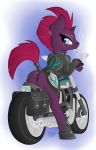  2019 absurd_res anus broken_horn butt cigarette clothed clothing dock equid female feral fizzlepop_berrytwist_(mlp) hair hi_res horn looking_at_viewer looking_back mammal motorcycle my_little_pony my_little_pony_the_movie piercing presenting pussy smoking solo tail_wraps tempest_shadow_(mlp) unicorn vehicle virenth wraps 