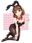  1girl animal_ears black_legwear black_leotard blue_eyes bow bowtie brown_hair bunny_ears bunny_girl bunny_tail bunnysuit commentary_request detached_collar earrings fishnet_pantyhose fishnets heart heart_earrings highres idolmaster idolmaster_cinderella_girls jewelry kneeling leotard long_hair looking_at_viewer multicolored multicolored_background pantyhose paopao plaid plaid_background red_neckwear sakuma_mayu solo strapless strapless_leotard tail white_background wrist_cuffs 