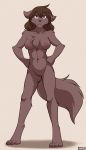  2019 anthro breasts brown_eyes brown_fur brown_hair canid canine canis cheek_tuft chest_tuft edit elbow_tufts female fur grey_eyes hair hands_on_hips heterochromia keidran looking_at_viewer mammal natani navel nipples norumgt nude nude_edit paws pussy simple_background smile smirk solo standing tom_fischbach tuft twokinds webcomic wolf 