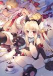  2girls :q bangs bell belt belt_buckle black_gloves black_leotard black_skirt blonde_hair blush bow brown_gloves buckle cake chloe_von_einzbern closed_mouth commentary_request cup elbow_gloves eyebrows_visible_through_hair fate/kaleid_liner_prisma_illya fate_(series) food fruit fur-trimmed_gloves fur-trimmed_skirt fur_trim gloves hair_bell hair_between_eyes hair_bow hair_ornament hair_ribbon illyasviel_von_einzbern jingle_bell leotard long_hair lying multiple_girls navel o-ring on_back open_mouth orange_eyes paw_gloves paw_shoes paws pleated_skirt purple_hair red_belt red_bow red_eyes red_ribbon ribbon sauce shoes sitting skirt slice_of_cake smile strawberry teacup tile_floor tiles tongue tongue_out utm very_long_hair wavy_mouth 