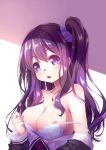  1girl 54hao areolae bare_shoulders blush bra breasts cleavage highres large_breasts long_hair medium_breasts nipple_slip nipples off_shoulder one_side_up open_clothes open_mouth original purple_eyes purple_hair school_uniform scrunchie serafuku solo underwear undressing upper_body 