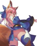  1girl absurdres animal_ear_fluff animal_ears ass blue_bow blue_kimono blue_legwear bow breasts detached_sleeves fate/extra fate_(series) fox_ears fox_girl fox_tail from_below gallant99770 hair_bow highres japanese_clothes kimono large_breasts looking_down obi panties pelvic_curtain pink_hair sash short_kimono sidelocks simple_background solo standing tail tamamo_(fate)_(all) tamamo_no_mae_(fate) thighhighs twintails underwear white_background white_panties wide_sleeves yellow_eyes 