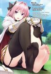  1boy absurdres astolfo_(fate) barefoot bulge english fang fate/grand_order fate_(series) feet highres naturalton pink_hair pov_feet smile soles toes translated trap 