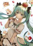  1004 1girl absurdres bangs bracelet cake crown dress eating food fruit green_eyes green_hair hatsune_miku highres jewelry long_hair mini_crown solo spoon strawberry sweets twintails very_long_hair vocaloid white_dress world_is_mine_(vocaloid) 