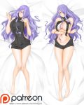  1girl alfred_cullado areolae backless_outfit barefoot bed_sheet black_ribbon black_vest breasts camilla_(fire_emblem_if) choker crossed_arms curly_hair dakimakura dress fire_emblem fire_emblem_if from_above full_body hair_over_one_eye head_tilt highres huge_breasts long_hair looking_at_viewer lying meme_attire midriff multiple_views navel nintendo on_back patreon_logo purple_hair red_eyes ribbon shiny shiny_hair shiny_skin sideboob smile solo stomach straight_hair sweater sweater_dress turtleneck turtleneck_sweater very_long_hair vest virgin_killer_sweater watermark 