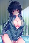  1girl :q ahoge areolae bangs between_legs black_hair blush breasts cleavage closed_mouth collarbone collared_shirt erect_nipples eyebrows_visible_through_hair green_shirt hair_between_eyes hand_between_legs highres iris_yuma large_breasts licking_lips long_hair long_sleeves looking_at_viewer maett naked_shirt nipple_slip nipples red_eyes seiza shirt sidelocks sitting smile solo soul_worker thighs tongue tongue_out very_long_hair 