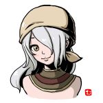 1girl bare_shoulders cecie_(gravity_daze) gravity_daze gravity_daze_2 hair_over_one_eye kerchief long_hair looking_at_viewer ponytail silver_hair smile solo yellow_eyes 