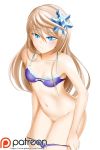  1girl alfred_cullado bikini bikini_pull blonde_hair blue_eyes brave_frontier breasts cleavage collarbone cowboy_shot eyebrows_visible_through_hair floating_hair hair_between_eyes hair_ornament halterneck highres leaning_forward long_hair looking_at_viewer medium_breasts navel parted_lips patreon_logo pulled_by_self purple_bikini simple_background snowflake_hair_ornament solo standing swimsuit very_long_hair watermark white_background 