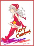 1girl boots cecie_(gravity_daze) christmas_costume christmas_ornaments gloves gravity_daze gravity_daze_2 hat highres long_hair ponytail silver_hair skirt solo star yellow_eyes 