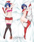  1girl alfred_cullado ass bed_sheet belt black_legwear blue_hair blush bow breasts brown_eyes capelet cleavage dakimakura dakimakura_(object) elbow_gloves from_above full_body fur-trimmed_capelet fur-trimmed_gloves fur-trimmed_hat fur-trimmed_legwear fur-trimmed_skirt fur_trim gloves green_hair hair_between_eyes hair_bow hair_intakes hat high_school_dxd highlights highres large_breasts looking_at_viewer lying microskirt midriff multicolored_hair multiple_views navel on_side patreon_logo pencil_skirt pillow pillow_hug pink_bow red_bow red_capelet red_gloves red_headwear red_legwear red_skirt santa_costume santa_hat shiny shiny_clothes shiny_skin short_hair sideboob skirt smile stomach thighhighs two-tone_hair watermark xenovia_quarta 