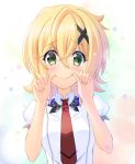  1girl absurdres akatsuki_kirika blonde_hair blush breasts closed_mouth commentary_request eyebrows_visible_through_hair finger_to_mouth green_eyes hair_between_eyes highres looking_at_viewer lydian_academy_uniform necktie nyanmaru school_uniform senki_zesshou_symphogear shiny shiny_hair shirt short_hair short_sleeves small_breasts smile solo upper_body white_shirt 