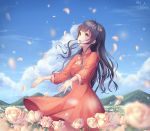  1girl :d black_hair blue_sky day dress field floating_hair flower flower_field la_campanella long_hair open_mouth orange_dress original outdoors outstretched_hand petals rose sky smile solo sundress very_long_hair white_flower white_neckwear white_rose yellow_eyes 