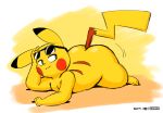  2019 3_toes big_booty_pikachu big_butt black_nose brown_eyes butt cheek_spots colored_sketch digital_media_(artwork) eyewear fur glasses grin hi_res huge_butt joaoppereiraus laid_down male nintendo pikachu pok&eacute;mon pok&eacute;mon_(species) red_cheeks simple_background sketch slightly_chubby smile solo toes video_games yellow_background yellow_fur 