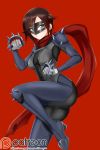  1girl alfred_cullado asymmetrical_hair bodysuit brown_hair corset cosplay gloves gradient_hair grey_eyes grey_gloves highres holding holding_weapon leg_up looking_at_viewer mask multicolored_hair niijima_makoto niijima_makoto_(cosplay) patreon_logo persona persona_5 red_background red_hair red_scarf ruby_rose rwby scarf short_hair simple_background solo standing standing_on_one_leg two-tone_hair watermark weapon 