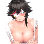  1girl black_hair blindfold blue_eyes blush breasts cleavage commentary_request large_breasts minori_yumeko minori_yumeko_(character) multicolored_hair one_eye_covered scoop_neck shirt shirt_pull short_hair shu-mai simple_background solo streaked_hair t-shirt upper_body virtual_youtuber white_background white_shirt 