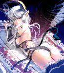  1girl ass black_wings blue_eyes breasts demon_girl demon_tail feathered_wings glasses highres horns large_breasts long_hair looking_at_viewer lying masao multicolored multicolored_wings on_stomach original pointy_ears sideboob solo tail tattoo white_hair white_wings wings 
