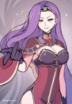  1girl armpits asymmetrical_hair black_gloves breasts circlet cleavage cloak cowboy_shot dress earrings fire_emblem fire_emblem_echoes:_mou_hitori_no_eiyuuou floating_hair gloves grey_background high_collar jewelry large_breasts lips long_hair nintendo parted_lips phiphi-au-thon purple_hair red_eyes side_slit smile solo sonia_(fire_emblem_gaiden) sparkle straight_hair thighs twitter_username 