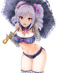  1girl :d adjusting_hair bikini black_bikini black_gloves blush breasts cleavage commentary_request drill_hair eva_16-gouki gloves grey_hair hair_ribbon hairband head_tilt holding holding_umbrella idolmaster idolmaster_cinderella_girls idolmaster_cinderella_girls_starlight_stage kanzaki_ranko large_breasts leaning_forward looking_at_viewer medium_hair navel open_mouth purple_ribbon red_eyes ribbon simple_background smile solo swimsuit thigh_gap thigh_strap twin_drills twintails umbrella white_background 
