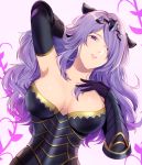  1girl aapon absurdres arm_up armor armored_dress armpits black_gloves breasts camilla_(fire_emblem_if) cleavage elbow_gloves fire_emblem fire_emblem_if gauntlets gloves hair_over_one_eye highres horn_ornament large_breasts lavender_hair lips long_hair looking_at_viewer nintendo parted_lips purple_eyes simple_background smile solo tiara upper_body white_background 
