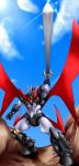  commentary highres holding holding_sword holding_weapon horns large_wings looking_at_viewer mazinger_z mazinkaiser mazinkaiser_(robot) mecha mengnaidu no_humans oldschool pilder robot science_fiction solo super_robot sword translation_request weapon wings 