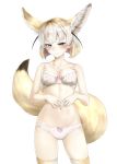  1girl animal_ear_fluff animal_ears blonde_hair blush bow bow_bra bow_panties bra breasts cleavage commentary_request cowboy_shot extra_ears eyebrows_visible_through_hair fennec_(kemono_friends) fox_ears fox_tail gradient_hair highres kemono_friends light_smile looking_at_viewer medium_breasts multicolored_hair navel p_rosu panties short_hair simple_background solo stomach tail thighhighs underwear underwear_only white_background white_hair yellow_eyes yellow_legwear 