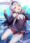  1girl animal_ears azur_lane bangs bare_shoulders black_hairband black_jacket black_skirt blush breasts brown_eyes bunny_ears day eyebrows_visible_through_hair gluteal_fold grey_hair hairband hand_up hands_up head_tilt highleg highleg_panties jacket long_hair long_sleeves looking_at_viewer off_shoulder open_clothes open_jacket open_mouth outdoors panties panties_over_clothes pleated_skirt red_panties round_teeth shimakaze_(azur_lane) short_eyebrows signature skirt sleeves_past_wrists small_breasts solo teeth thick_eyebrows tyone underwater underwear upper_teeth very_long_hair water white_hair yellow_eyes 