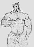  anthro arm_hair avian beak bird body_hair chest_hair clothed clothing falcon falcon_mccooper falcon_mccooper_(character) falconid greyscale hair humanoid_penis looking_at_viewer male monochrome muscular muscular_male penis penis_base pubes sketch smile solo standing tongue tongue_out topless vein 